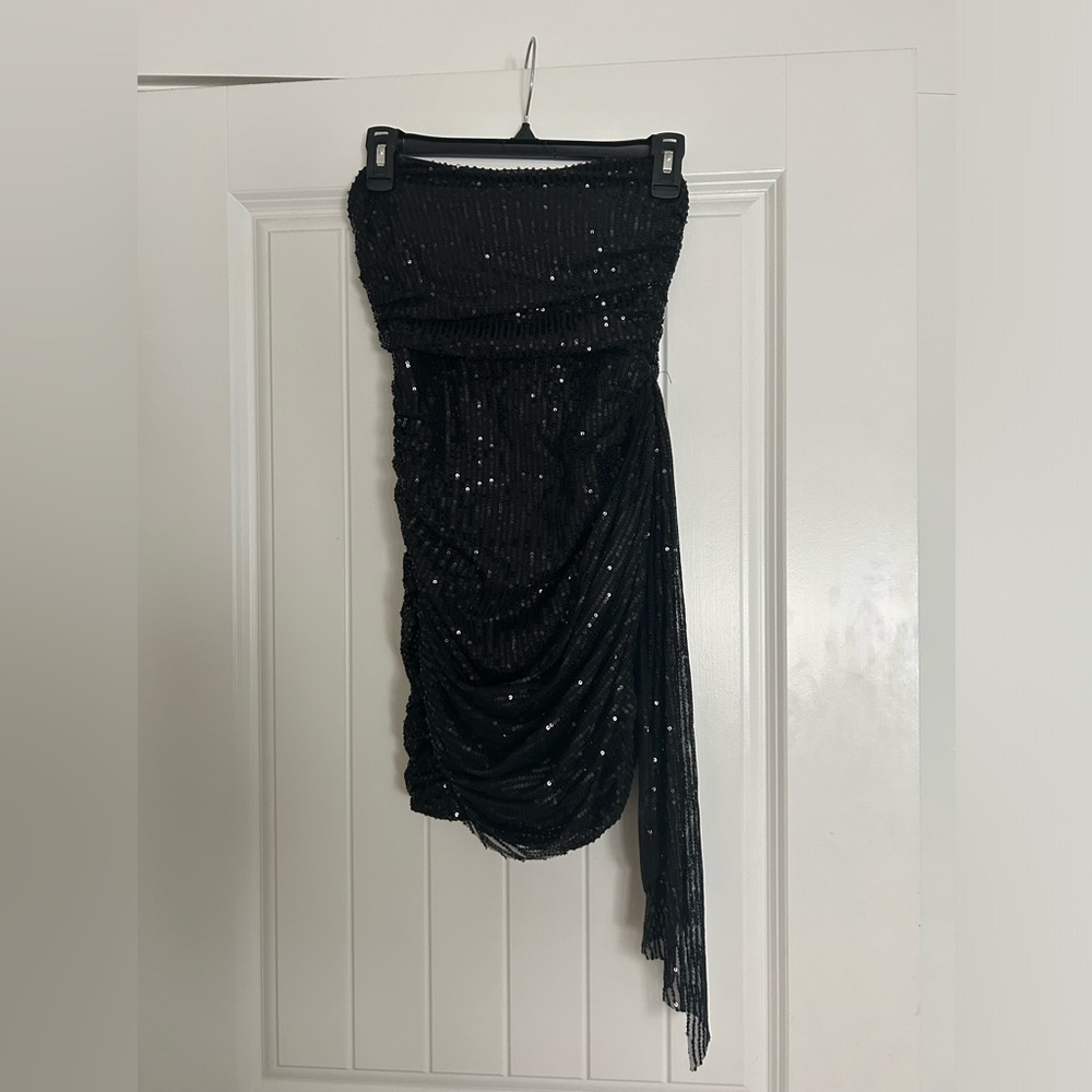 lucy in the sky formal strapless sequin tassel corset dress in black size small
